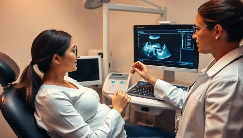 Badanie USG ciąży z widocznym płodem na monitorze