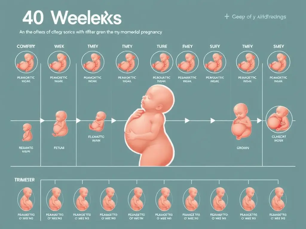 Ilustracja przedstawiająca 40 tygodni ciąży z podziałem na trymestry