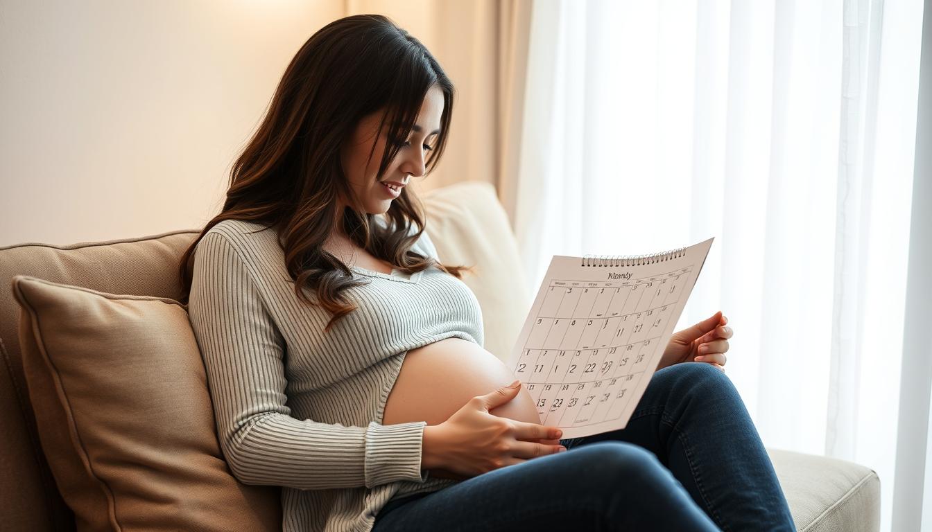 Kobieta w ciąży trzymająca kalendarz ciążowy z zaznaczonymi tygodniami ciąży