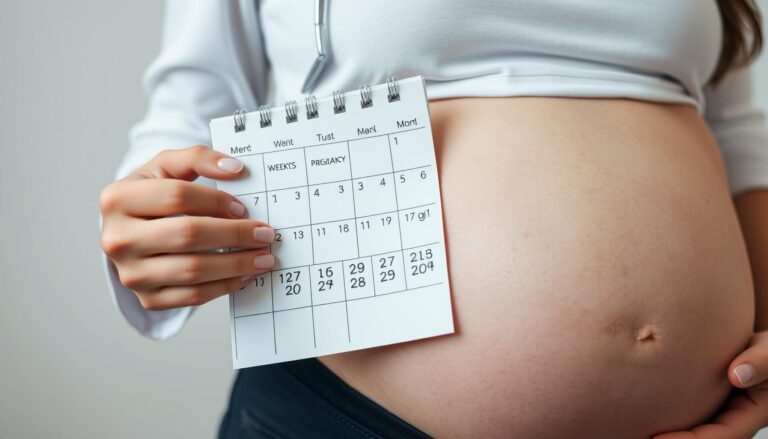 Kobieta w ciąży zaznaczająca datę w kalendarzu, obliczająca miesiące ciąży