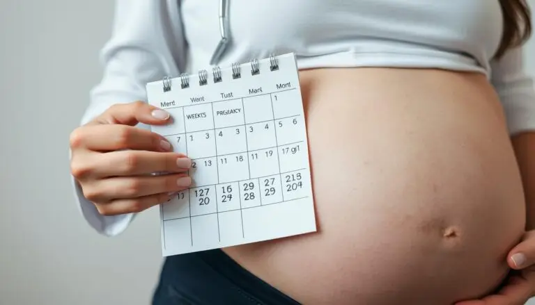 Kobieta w ciąży zaznaczająca datę w kalendarzu, obliczająca miesiące ciąży