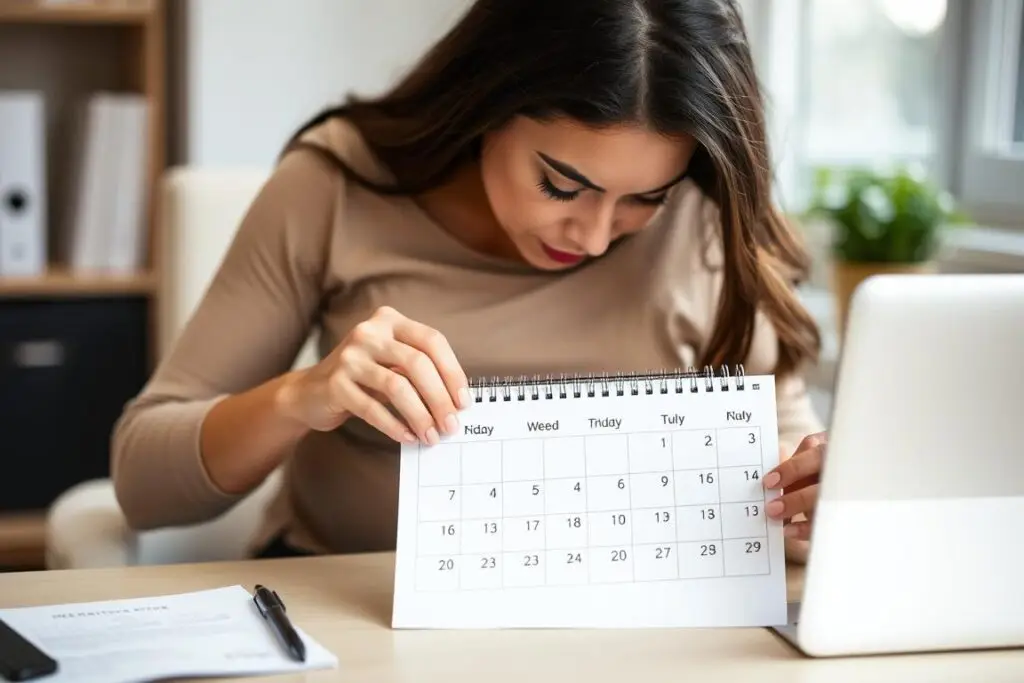Kobieta w ciąży zaznaczająca tygodnie ciąży w kalendarzu