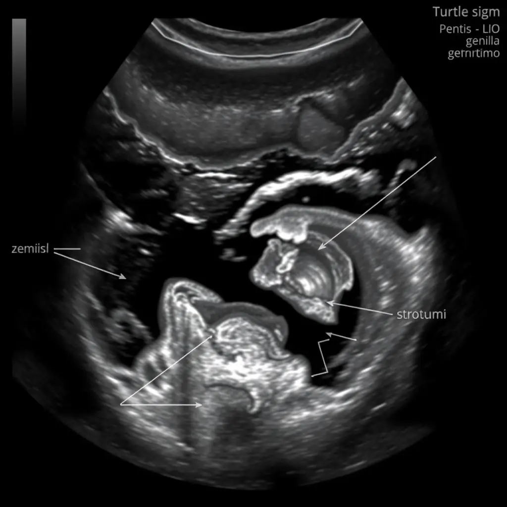 USG ukazujące narządy płciowe męskie płodu - znak żółwia