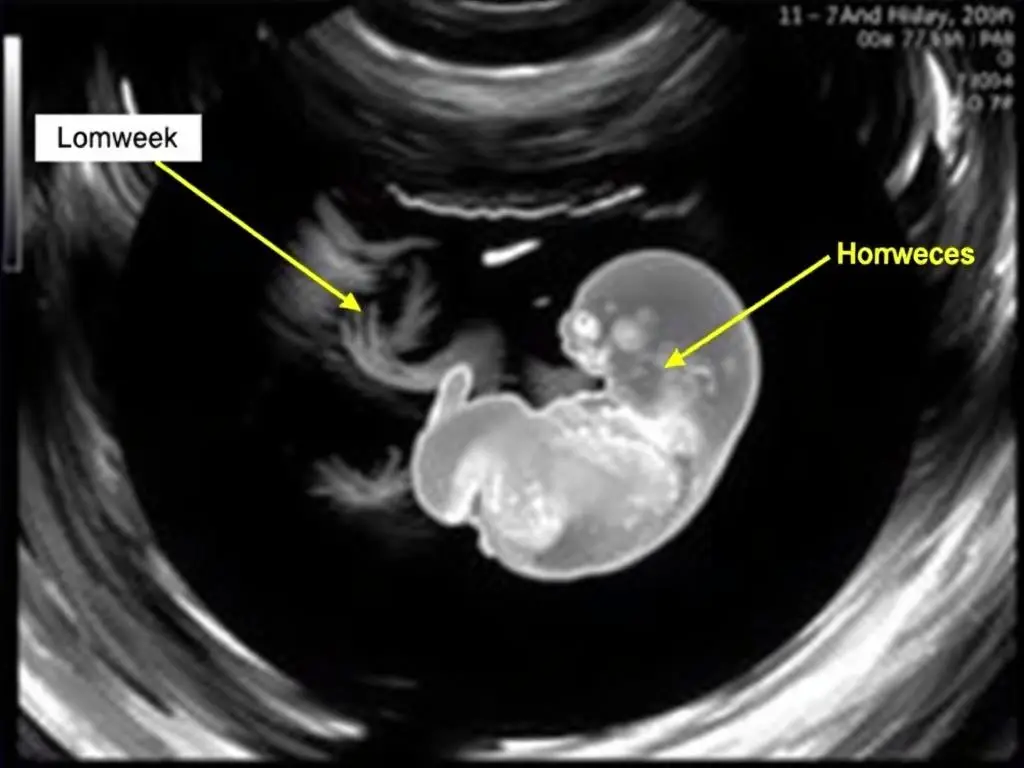 Zarodek w 8. tygodniu ciąży z widocznymi zawiązkami kończyn i zarysem głowy