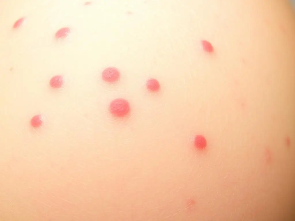 Charakterystyczna wysypka różyczkowa na skórze osoby zakażonej wirusem różyczki