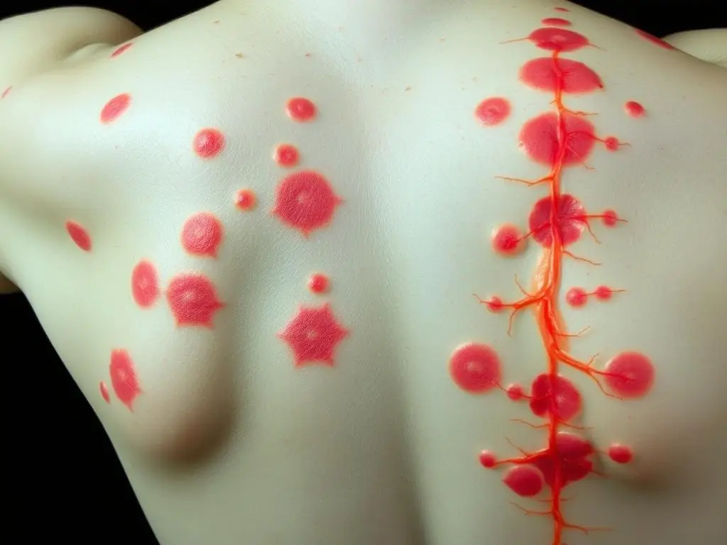 Charakterystyczne zmiany skórne w przebiegu półpaśca układające się wzdłuż przebiegu nerwu