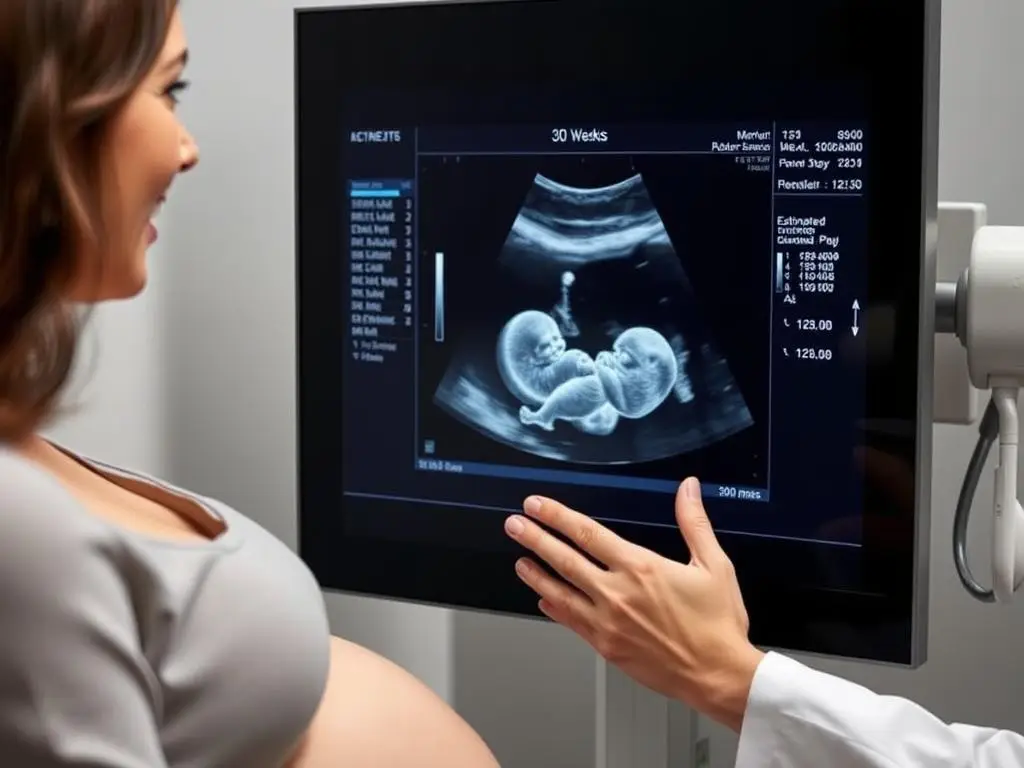 Kobieta w 30 tygodniu ciąży podczas badania USG, widoczny pomiar wagi dziecka