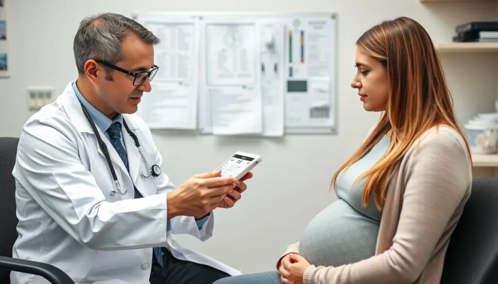 Lekarz ginekolog omawiający z ciężarną pacjentką wyniki badań w kierunku infekcji wirusowych