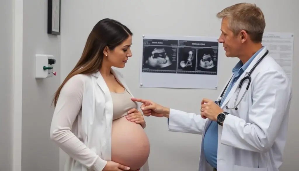 Lekarz omawiający z ciężarną pacjentką nieprawidłowości w wadze płodu
