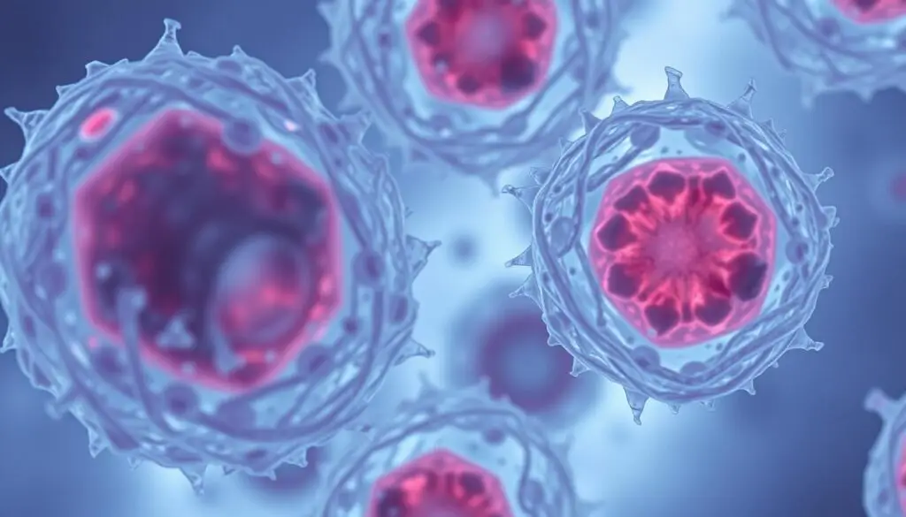 Mikroskopowe zdjęcie komórek zakażonych wirusem cytomegalii z charakterystycznymi wtrętami wewnątrzjądrowymi