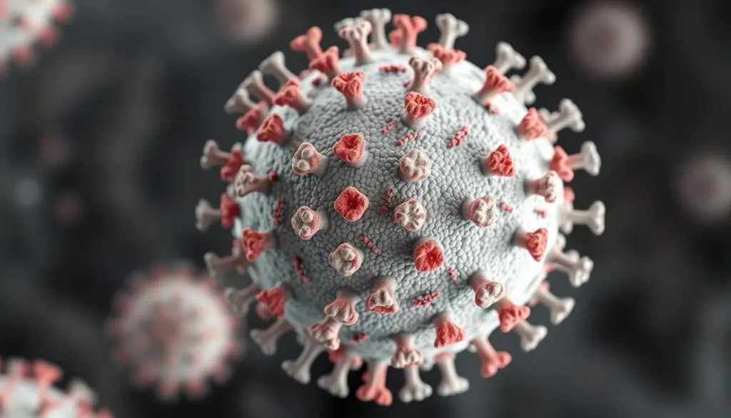 Model wirusa zapalenia wątroby typu B (HBV) z widoczną strukturą cząsteczki wirusowej