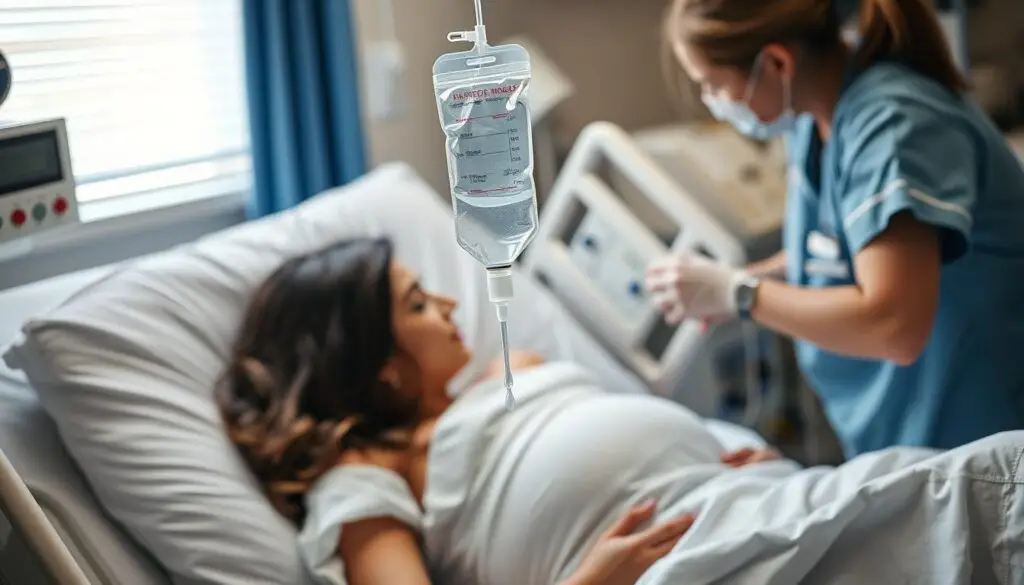 Podawanie antybiotyku dożylnie kobiecie w trakcie porodu