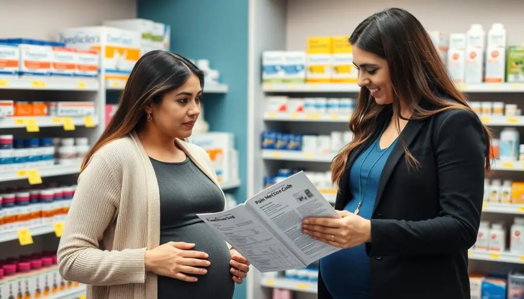 Kobieta w ciąży konsultująca z farmaceutą tabletki przeciwbólowe w ciąży
