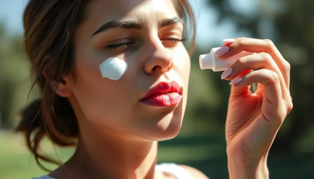 Kobieta w ciąży stosująca krem z filtrem UV jako metodę zapobiegania nawrotom opryszczki wargowej