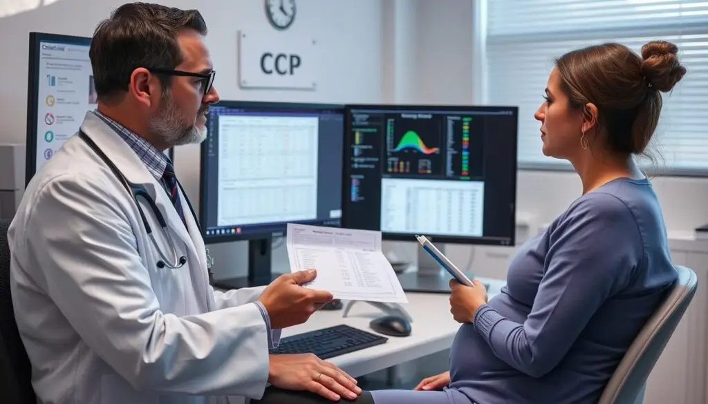 Lekarz analizujący wyniki badań CRP i innych parametrów u kobiety w ciąży