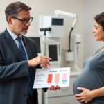 Lekarz wyjaśniający kobiecie w ciąży wyniki badań hemoglobiny i HCT