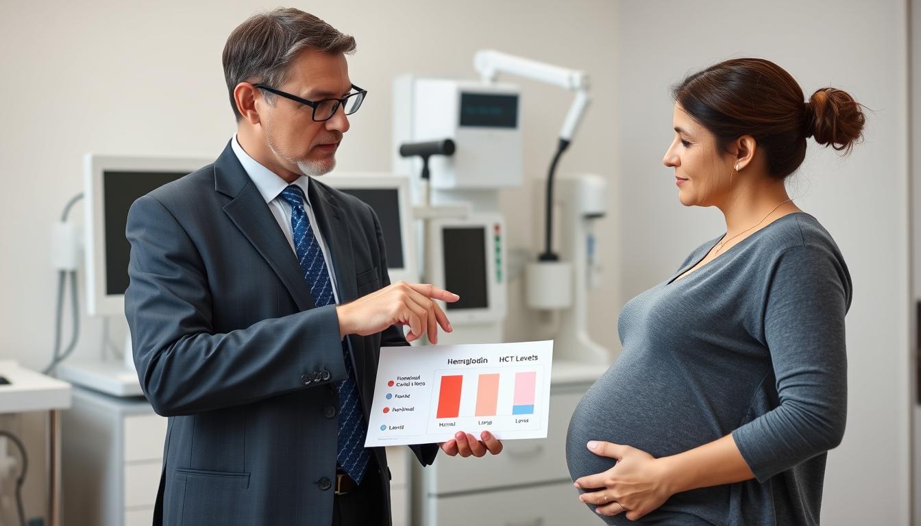 Lekarz wyjaśniający kobiecie w ciąży wyniki badań hemoglobiny i HCT