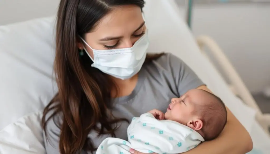 Matka z noworodkiem stosująca środki ostrożności z powodu opryszczki wargowej