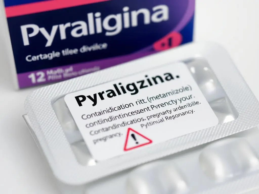 Opakowanie Pyralginy z ostrzeżeniem o przeciwwskazaniach w ciąży