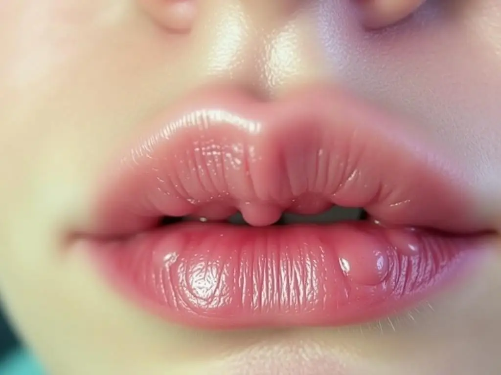 Opryszczka wargowa w ciąży - charakterystyczne pęcherzyki na wardze u kobiety w ciąży