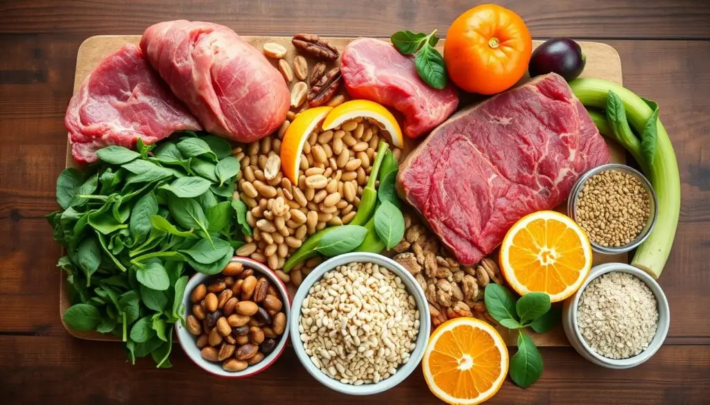Różnorodne produkty spożywcze bogate w żelazo, kwas foliowy i witaminę B12