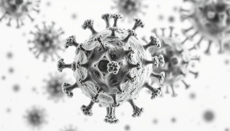 Wirus opryszczki pod mikroskopem elektronowym, ukazujący charakterystyczną budowę wirusa HSV odpowiedzialnego za opryszczkę w ciąży