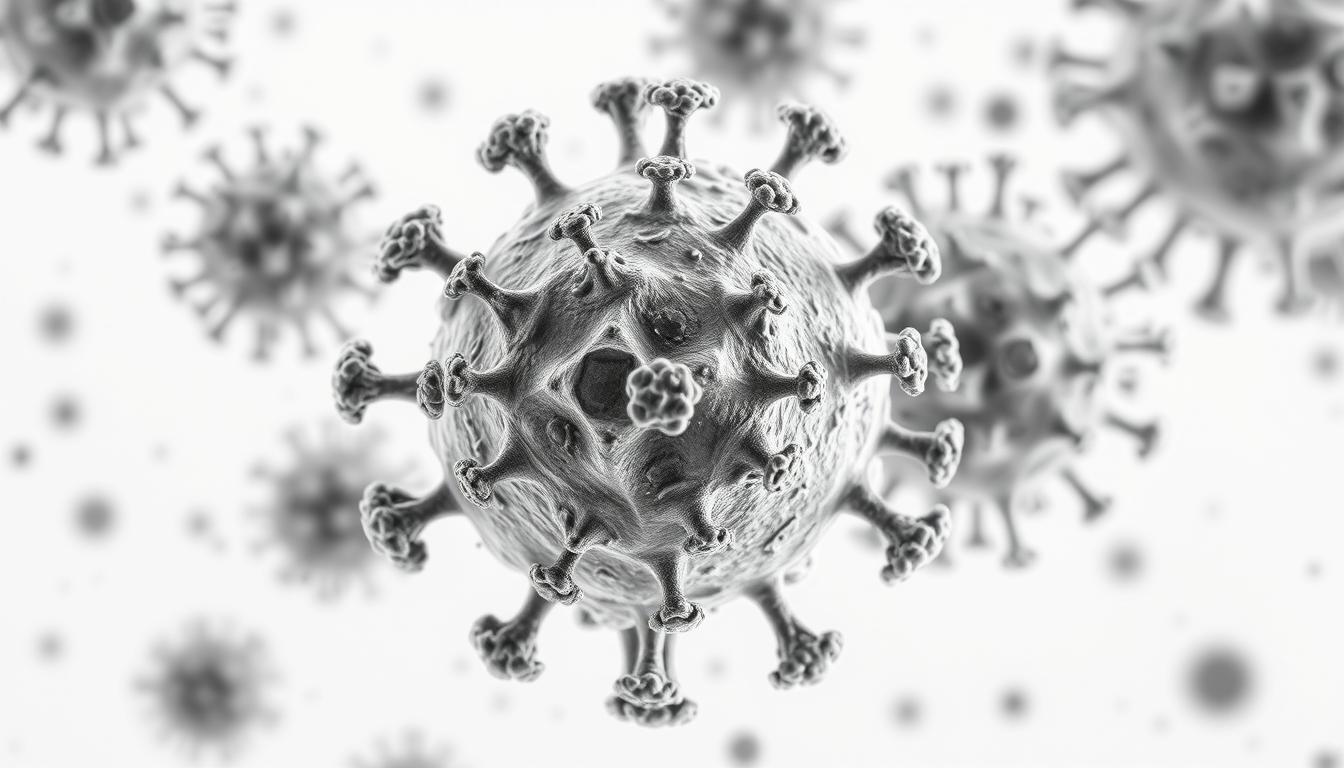 Wirus opryszczki pod mikroskopem elektronowym, ukazujący charakterystyczną budowę wirusa HSV odpowiedzialnego za opryszczkę w ciąży