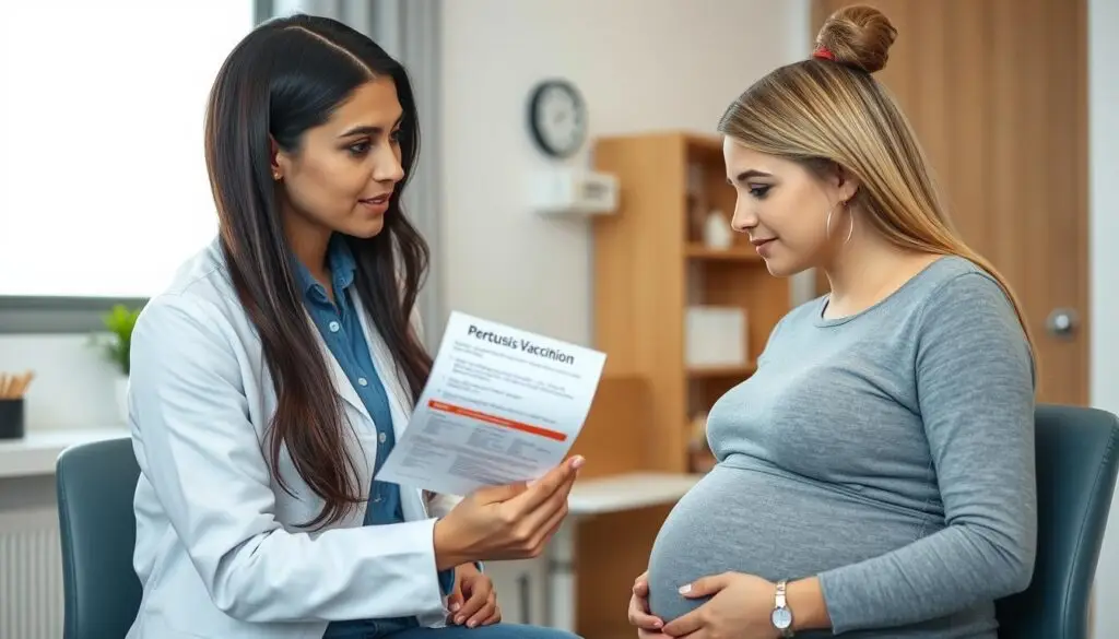 Ciężarna kobieta konsultująca się z lekarzem na temat szczepienia przeciwko krztuścowi