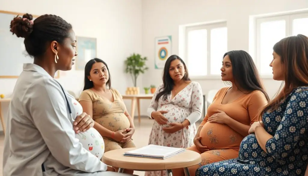 Grupa kobiet w ciąży podczas spotkania edukacyjnego na temat szczepień ochronnych