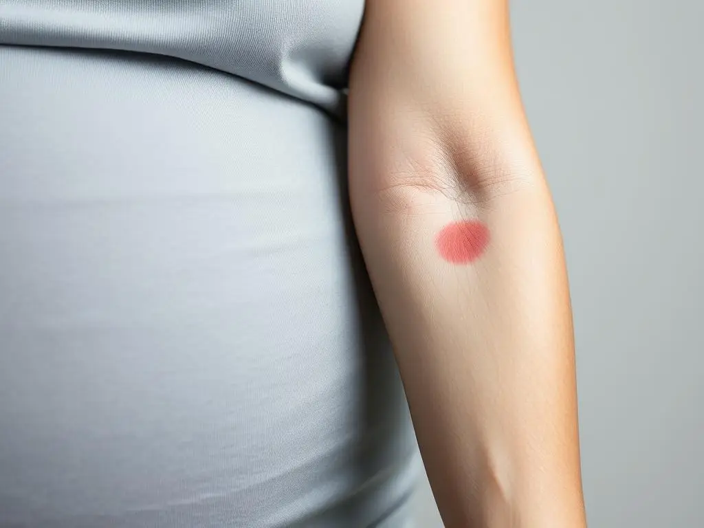 Kobieta w ciąży po szczepieniu na krztusiec z niewielkim zaczerwienieniem w miejscu iniekcji