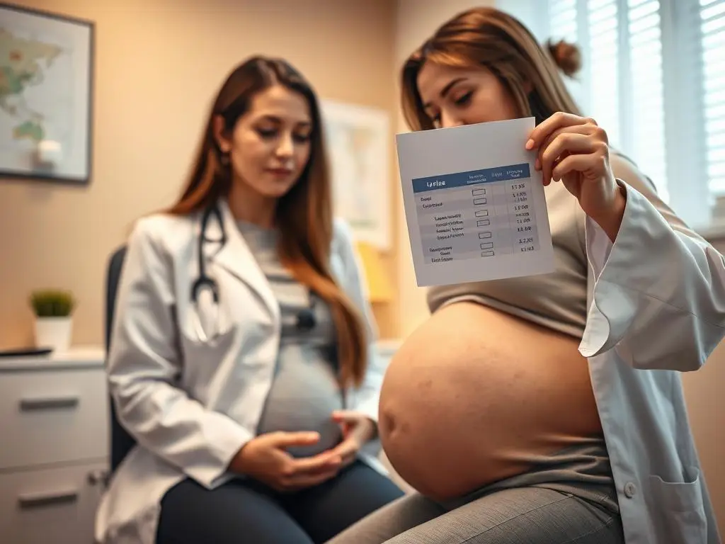 Kobieta w ciąży podczas badania lekarskiego, lekarz wyjaśnia wyniki badania moczu pokazujące leukocyty w moczu