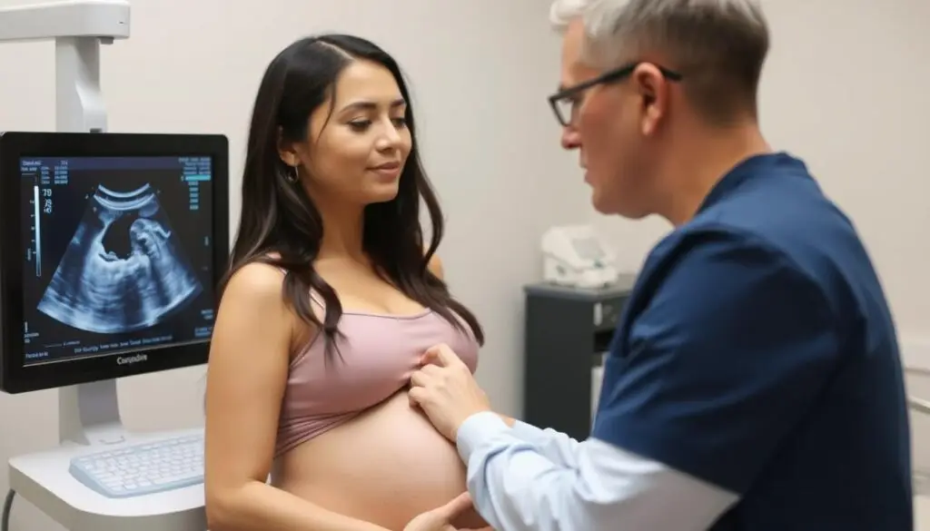 Kobieta w ciąży z objawami nadczynności tarczycy podczas badania USG tarczycy