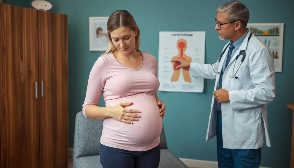 Kobieta w ciąży z objawami niedoczynności tarczycy konsultująca się z lekarzem