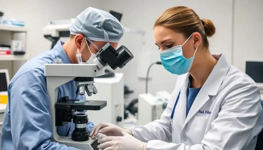 Laboratorium medyczne - badanie próbki moczu pod kątem leukocytów i bakterii