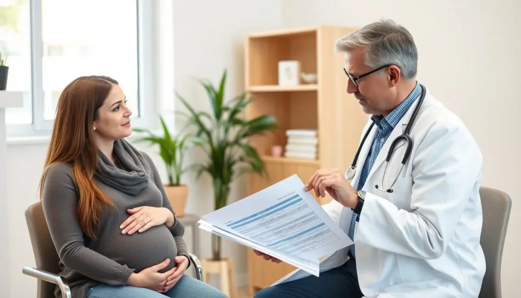 Lekarz omawiający z ciężarną program szczepień zalecanych w ciąży