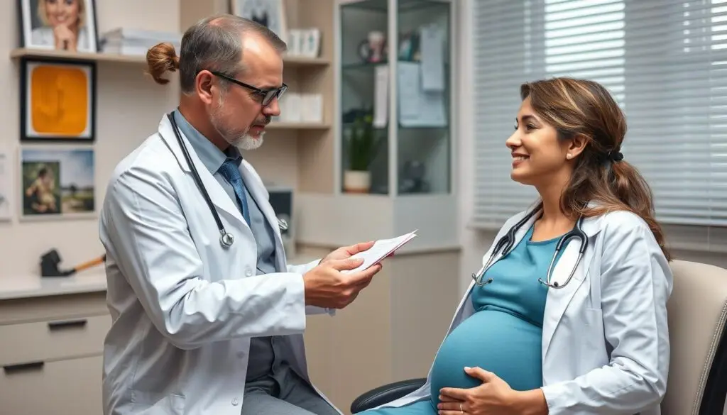 Lekarz przepisujący leczenie kobiecie w ciąży z infekcją układu moczowego