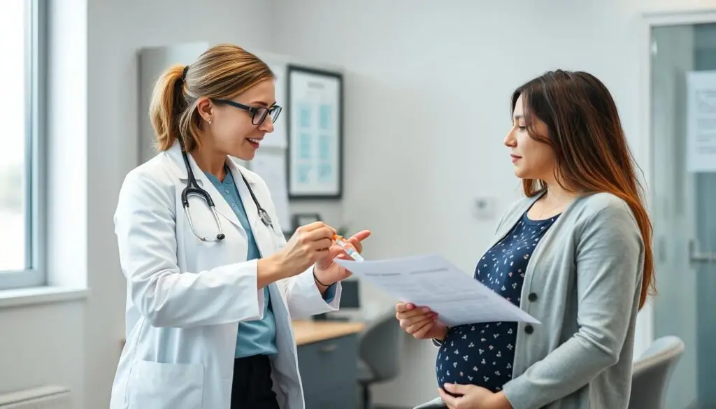 Lekarz wyjaśniający kobiecie w ciąży bezpieczeństwo szczepienia przeciwko krztuścowi