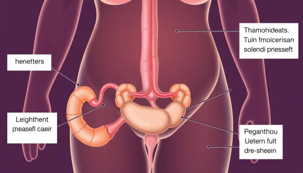 Schemat anatomiczny pokazujący zmiany w układzie moczowym kobiety w ciąży - poszerzenie moczowodów i ucisk macicy na pęcherz