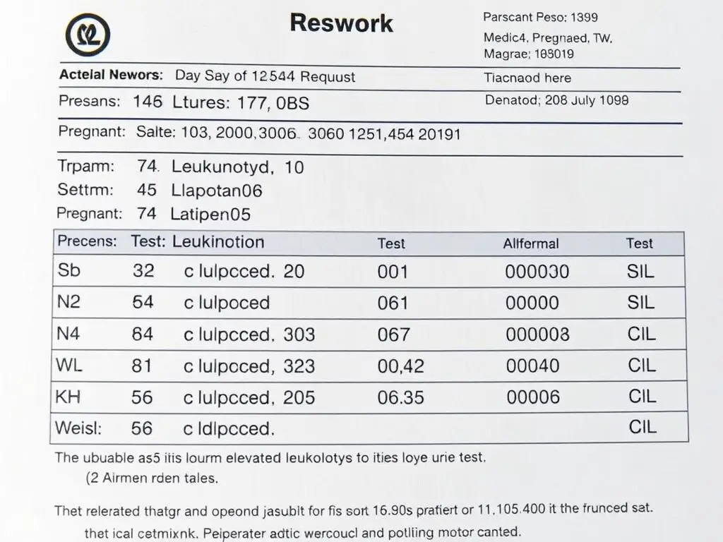 Wynik badania ogólnego moczu pokazujący podwyższone leukocyty u kobiety w ciąży
