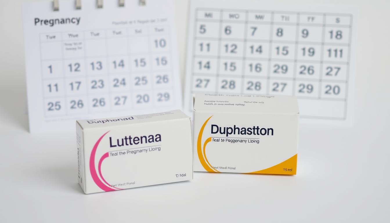 Luteina i Duphaston w ciąży: Podtrzymanie ciąży i skutki uboczne - opakowania leków na tle kalendarza ciążowego