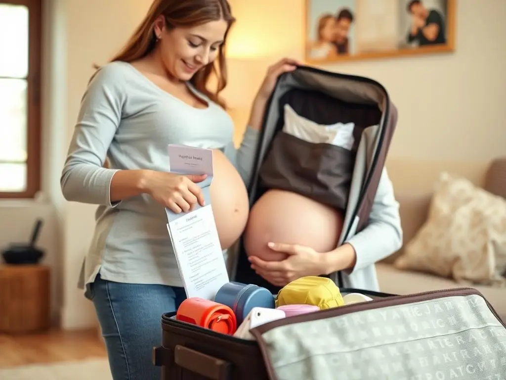 Kobieta w ciąży pakująca torbę do porodu w trzecim trymestrze Kobieta w ciąży pakująca torbę do porodu w trzecim trymestrze