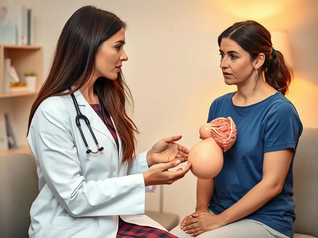 Lekarz ginekolog wyjaśniający pacjentce czynniki ryzyka ciąży pozamacicznej przy użyciu modelu anatomicznego