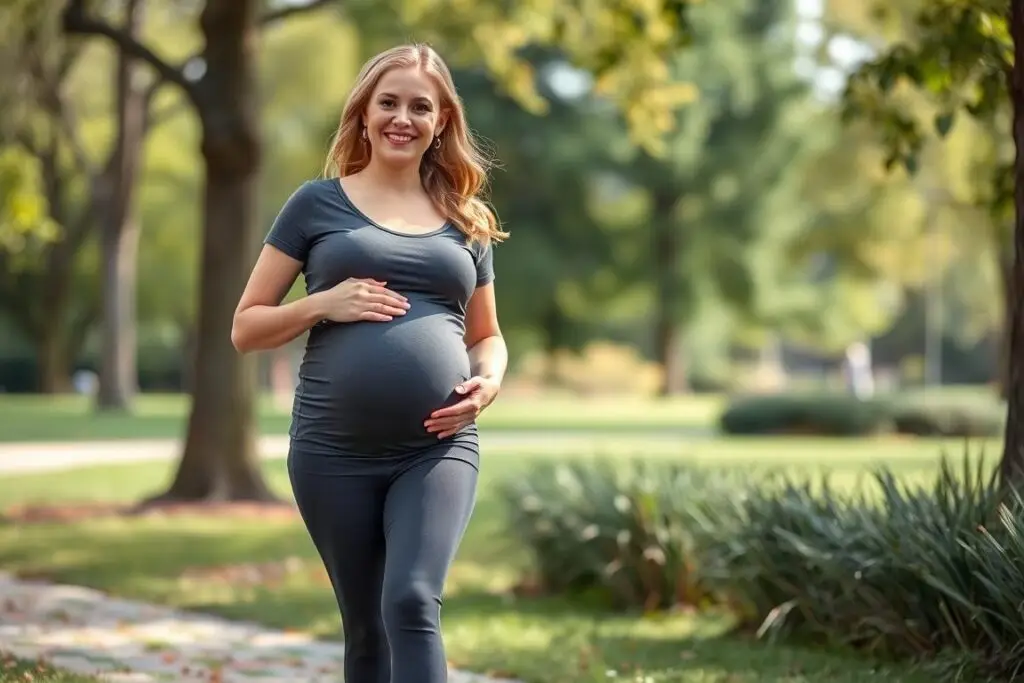 Kobieta w ciąży nosząca pończochy uciskowe podczas spaceru Kobieta w ciąży nosząca pończochy uciskowe podczas spaceru