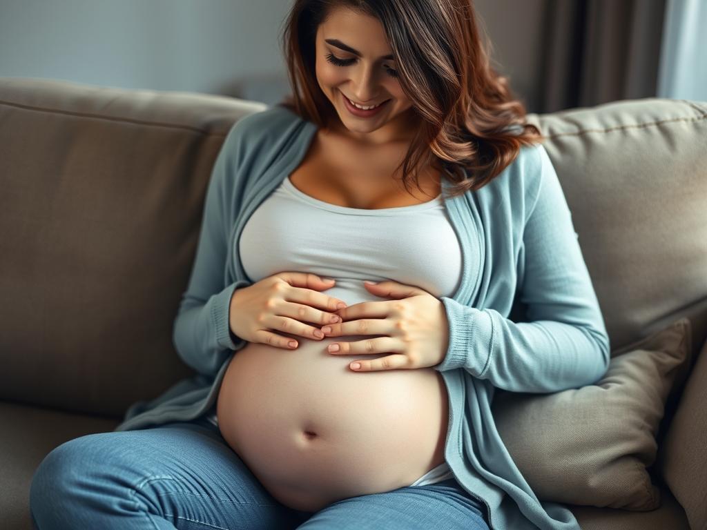 Kobieta w ciąży trzymająca dłonie na brzuchu, czująca czkawkę u płodu
