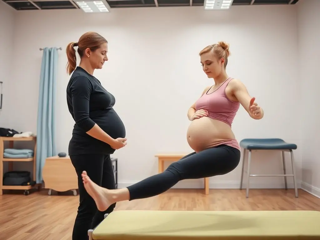Kobieta w ciąży wykonująca delikatne ćwiczenia nóg pod nadzorem fizjoterapeuty Kobieta w ciąży wykonująca delikatne ćwiczenia nóg pod nadzorem fizjoterapeuty