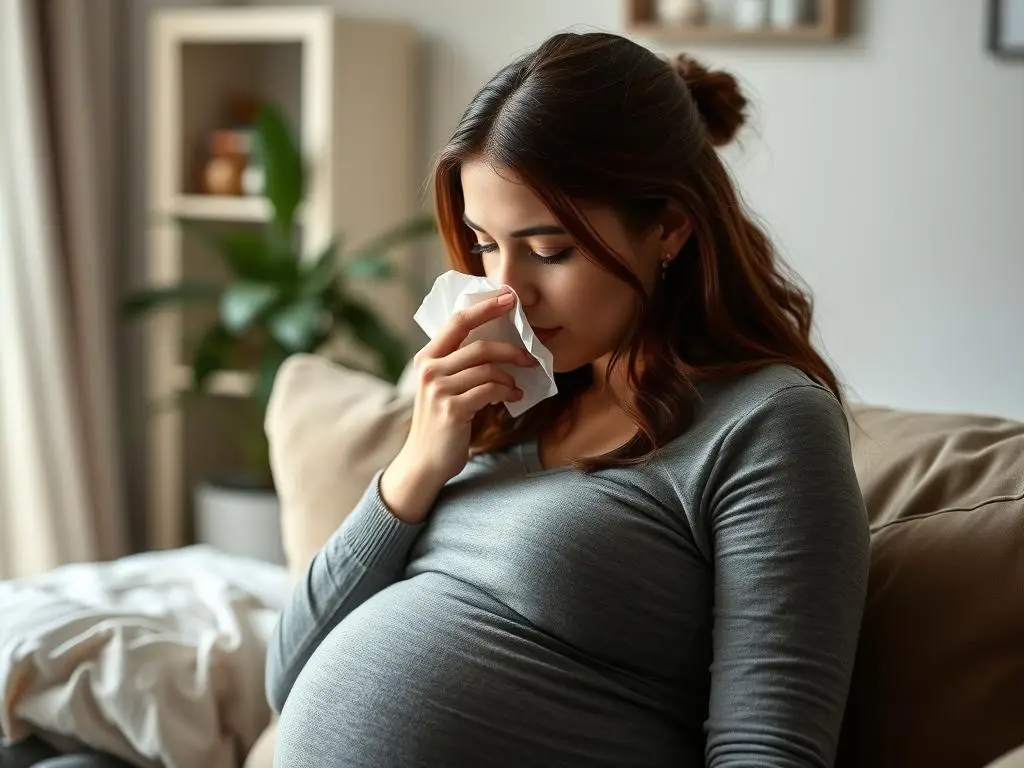 Kobieta w ciąży z chusteczką przy nosie podczas krwawienia z nosa Kobieta w ciąży z chusteczką przy nosie podczas krwawienia z nosa